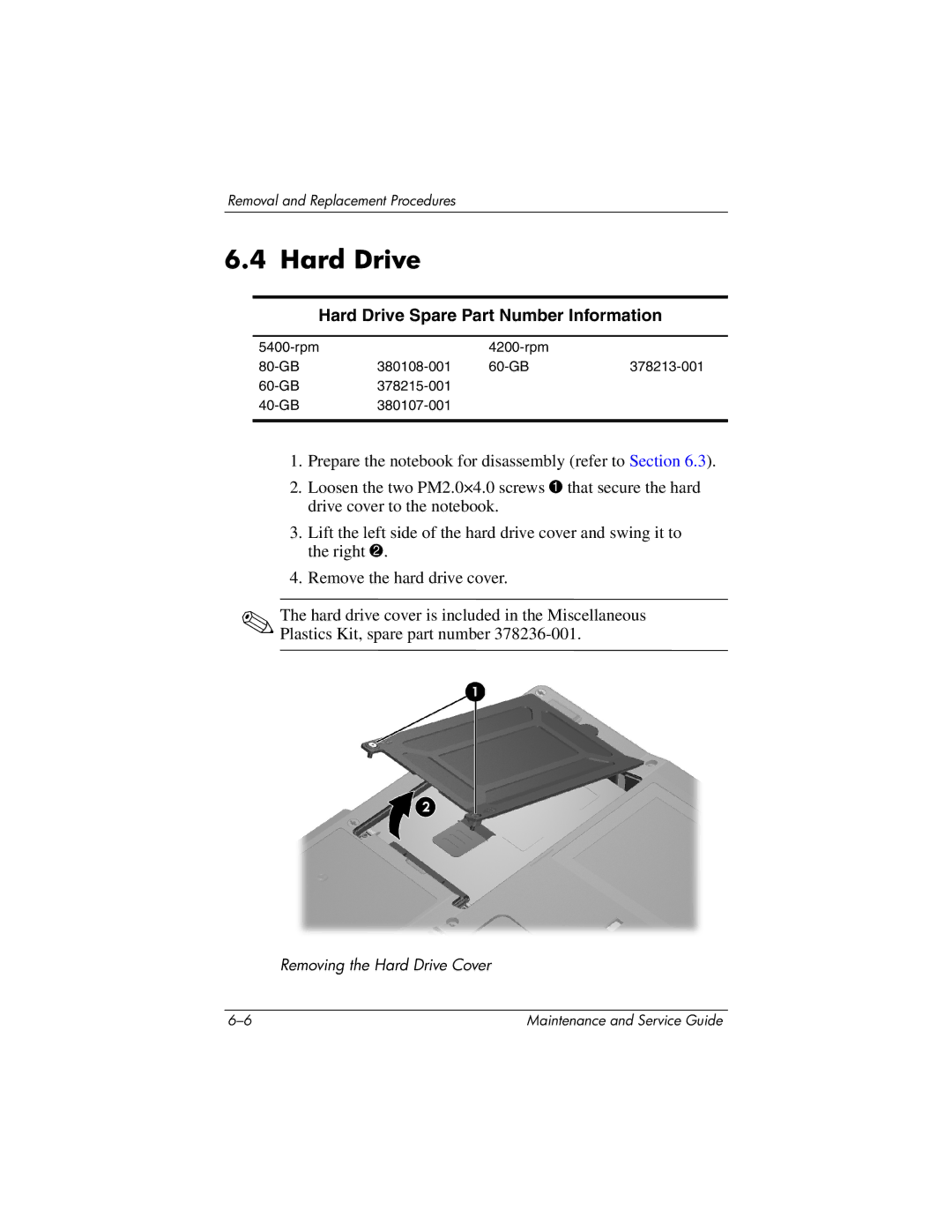 HP nx6130 manual Hard Drive Spare Part Number Information 