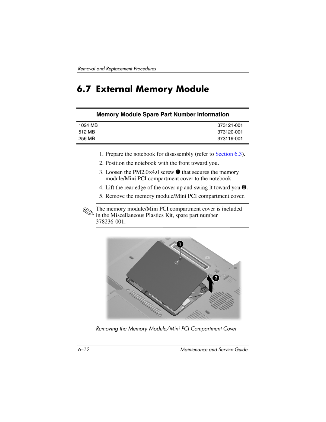 HP nx6130 manual External Memory Module, Memory Module Spare Part Number Information 