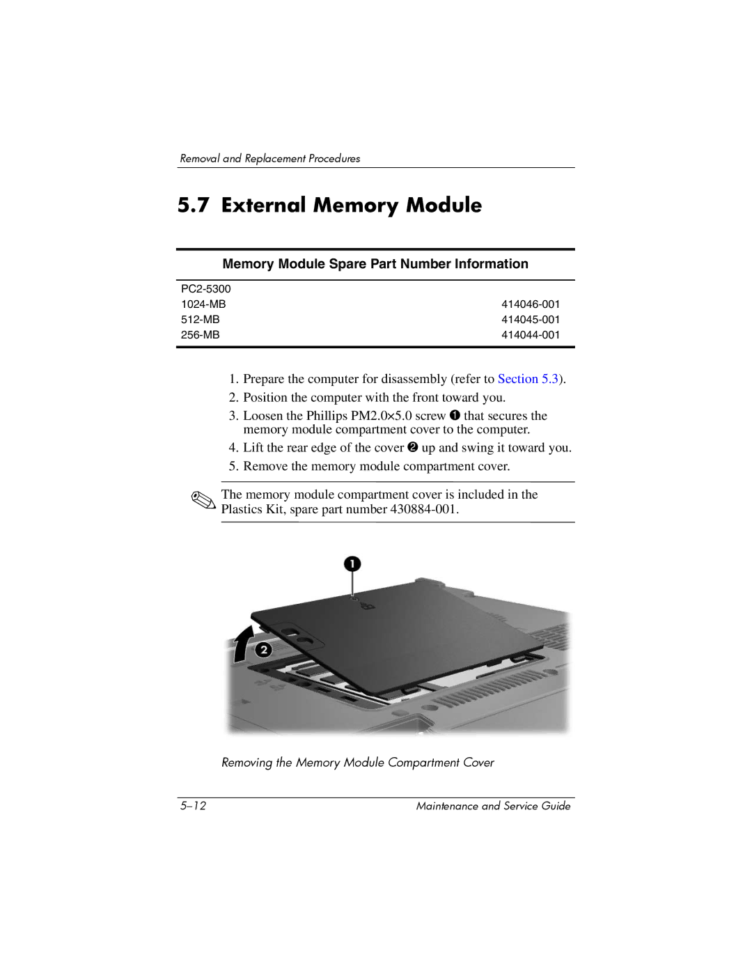 HP nx6315 manual External Memory Module, Memory Module Spare Part Number Information 