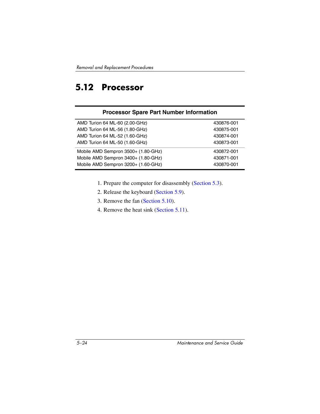 HP nx6315 manual Processor Spare Part Number Information 