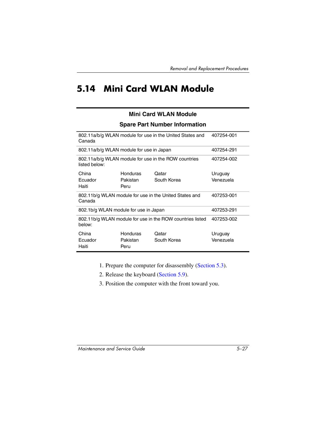 HP nx6315 manual Mini Card Wlan Module Spare Part Number Information 