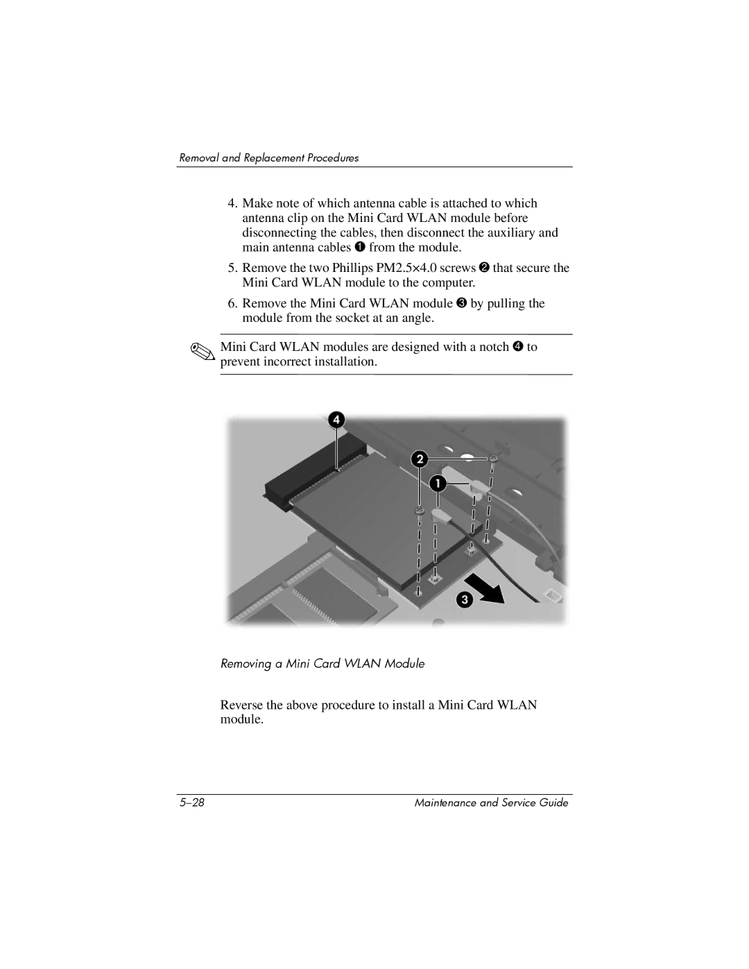 HP nx6315 manual Removing a Mini Card Wlan Module 