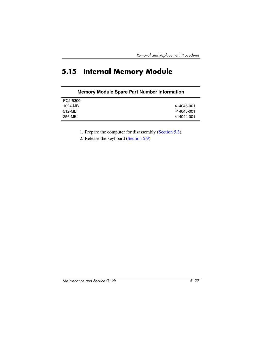 HP nx6315 manual Internal Memory Module, Memory Module Spare Part Number Information 