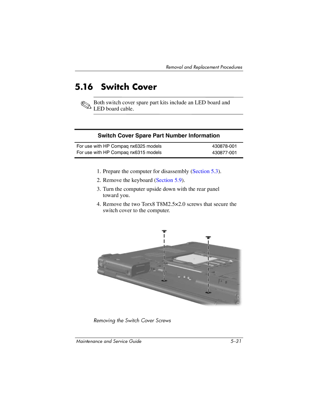 HP nx6315 manual Switch Cover Spare Part Number Information 