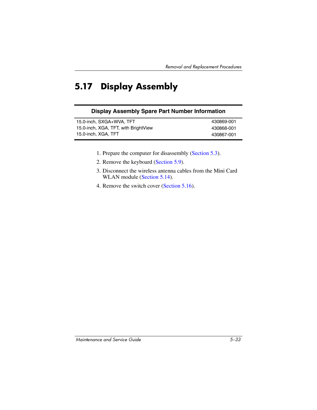 HP nx6315 manual Display Assembly Spare Part Number Information 