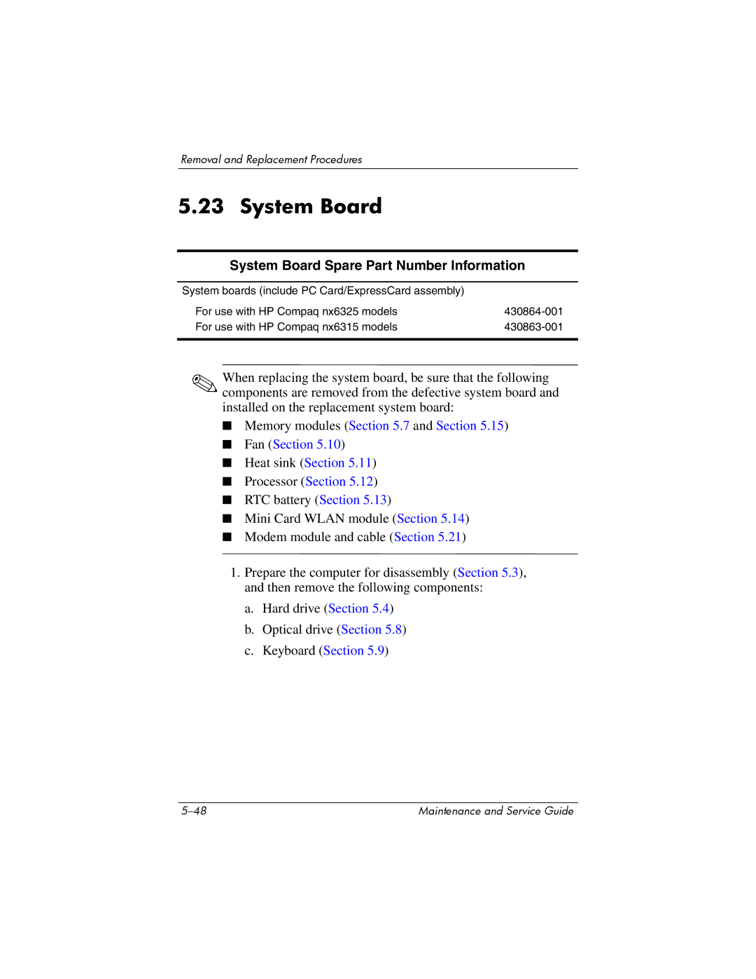 HP nx6315 manual System Board Spare Part Number Information 