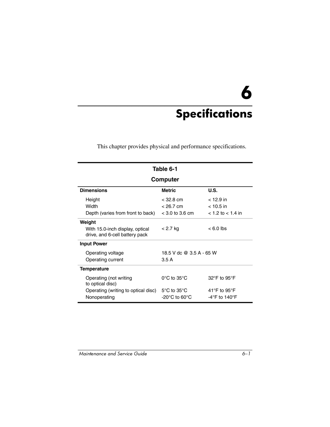 HP nx6315 manual Computer, Dimensions Metric, Weight, Input Power, Temperature 