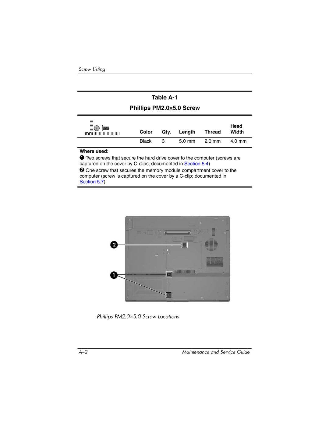 HP nx6315 manual Table A-1 Phillips PM2.0×5.0 Screw, Head, Color Qty Length Thread Width Black Where used 