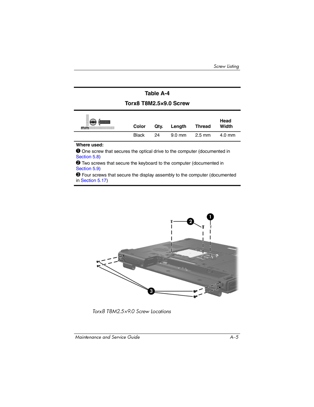 HP nx6315 manual Table A-4 Torx8 T8M2.5×9.0 Screw, Color Qty Length Thread Width Black Where used 