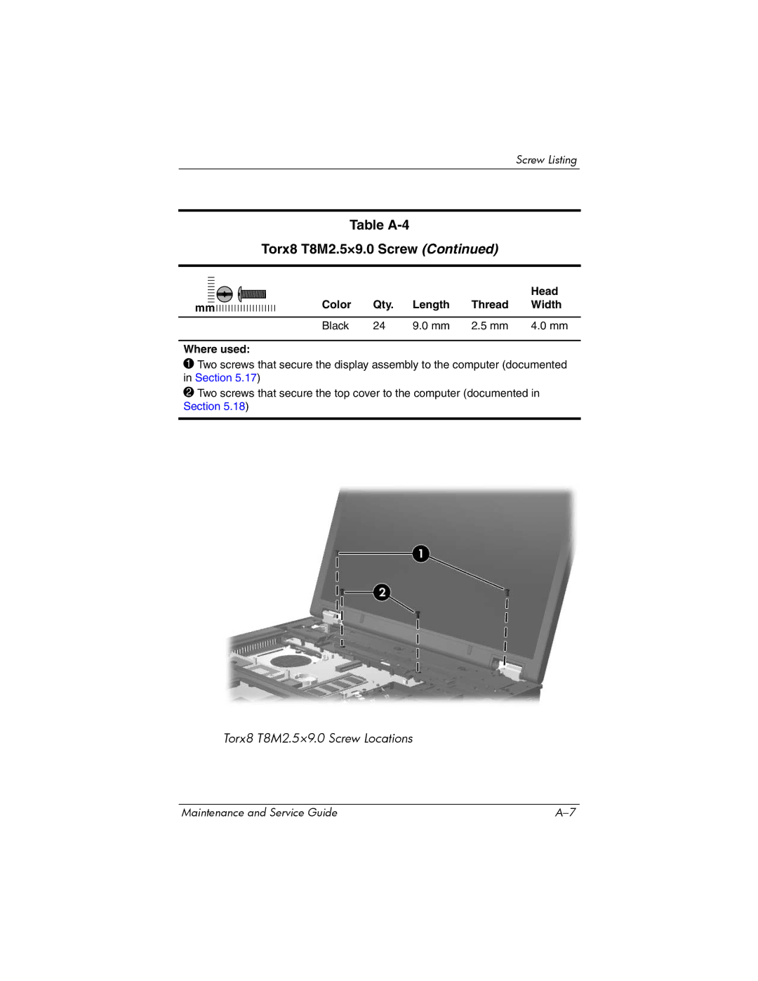 HP nx6315 manual Table A-4 Torx8 T8M2.5×9.0 Screw 