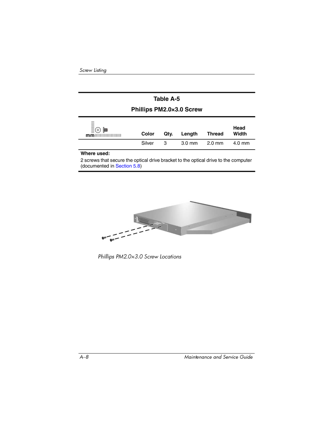 HP nx6315 manual Table A-5 Phillips PM2.0×3.0 Screw, Color Qty Length Thread Width Silver Where used 