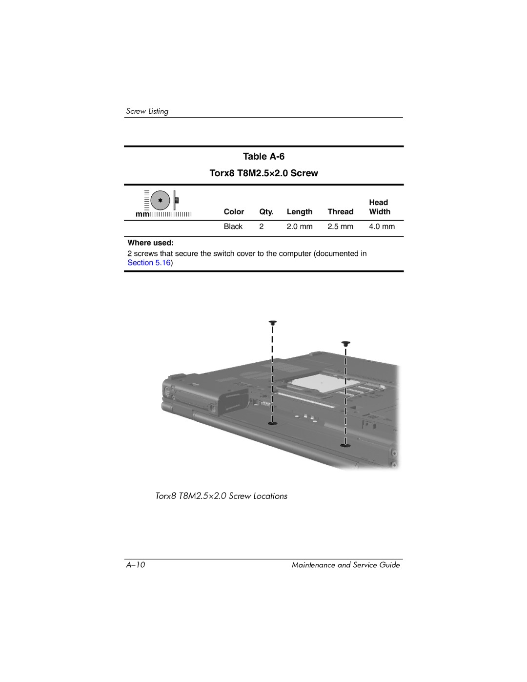 HP nx6315 manual Table A-6 Torx8 T8M2.5×2.0 Screw, Color Qty Length Thread Width Black Where used 