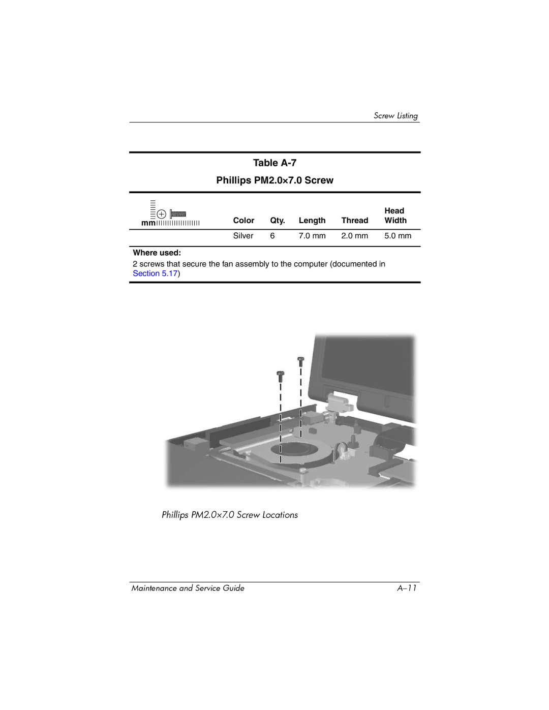 HP nx6315 manual Table A-7 Phillips PM2.0×7.0 Screw 