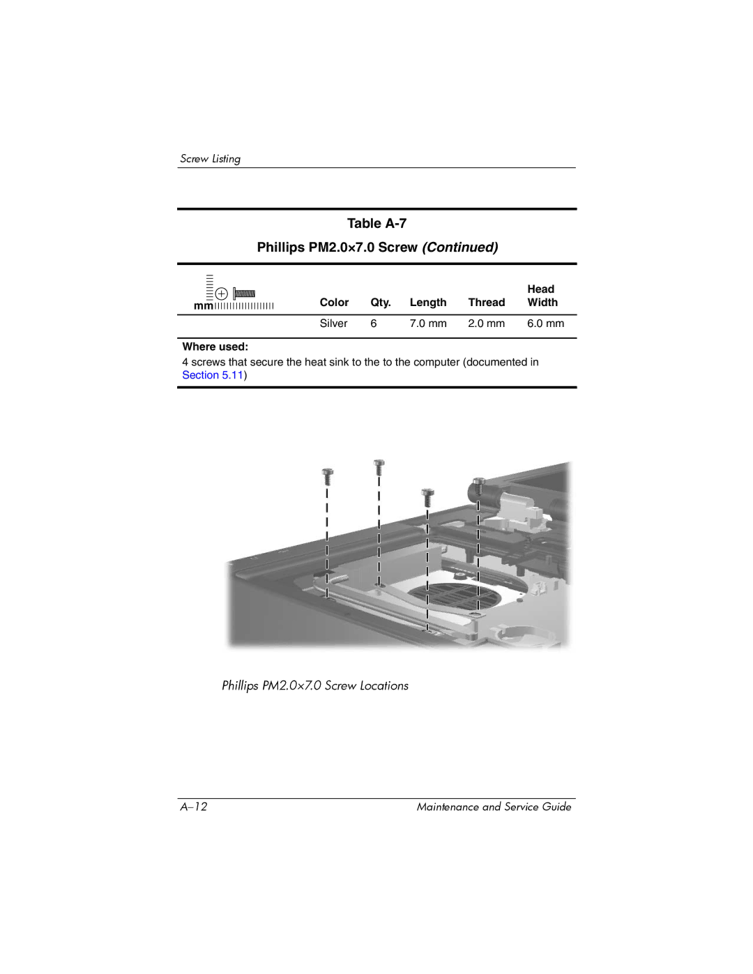 HP nx6315 manual Table A-7 Phillips PM2.0×7.0 Screw 