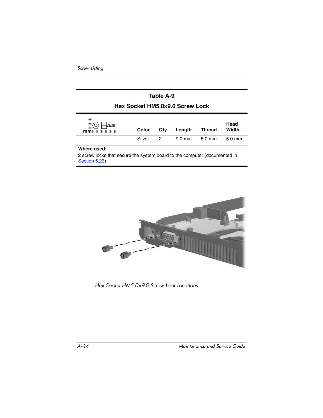 HP nx6315 manual Table A-9 Hex Socket HM5.0×9.0 Screw Lock, Head Color Qty. Length Thread Width 