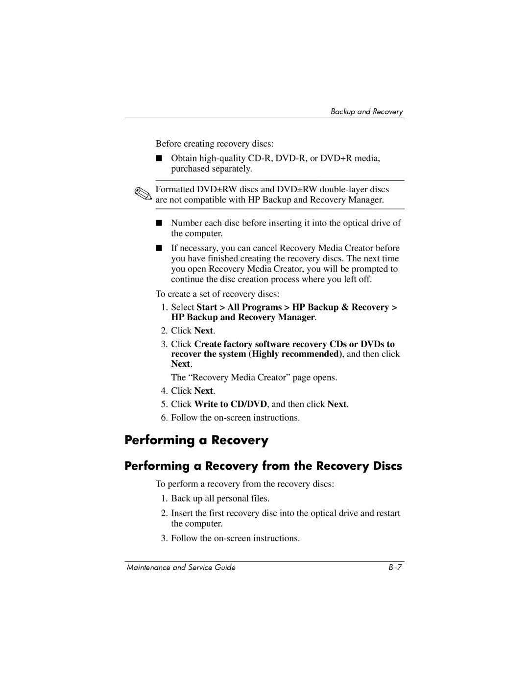 HP nx6315 manual Performing a Recovery from the Recovery Discs 