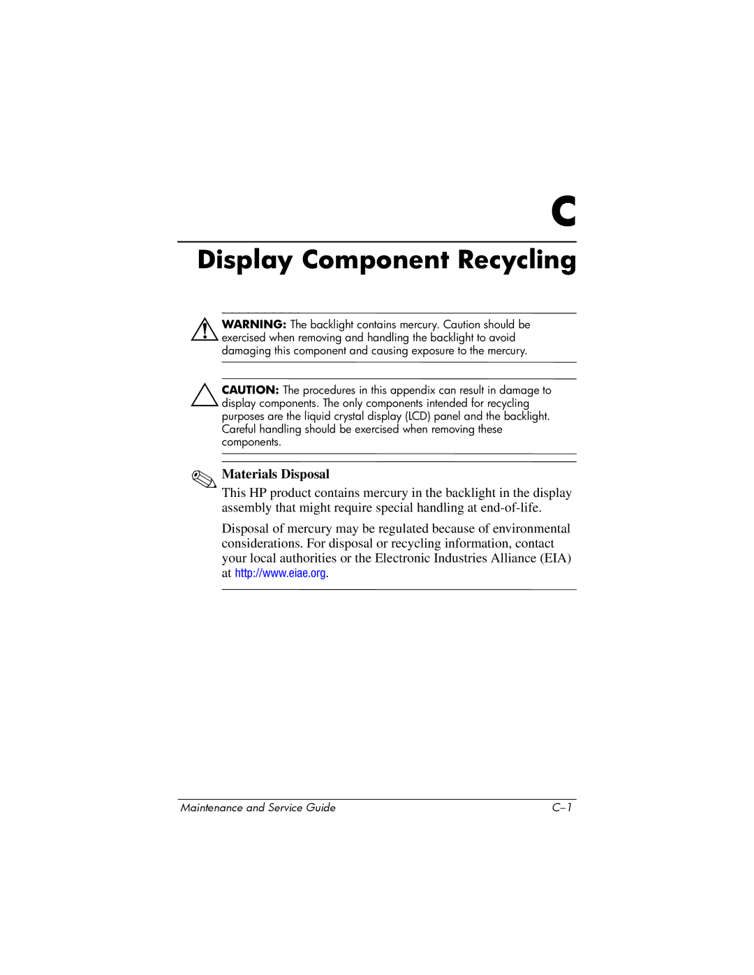 HP nx6315 manual Display Component Recycling 