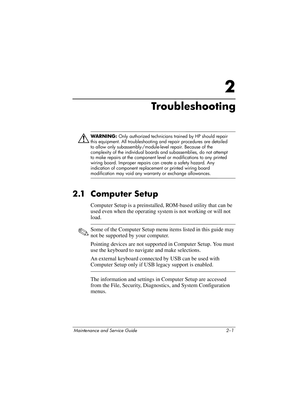 HP nx6315 manual Troubleshooting, Computer Setup 