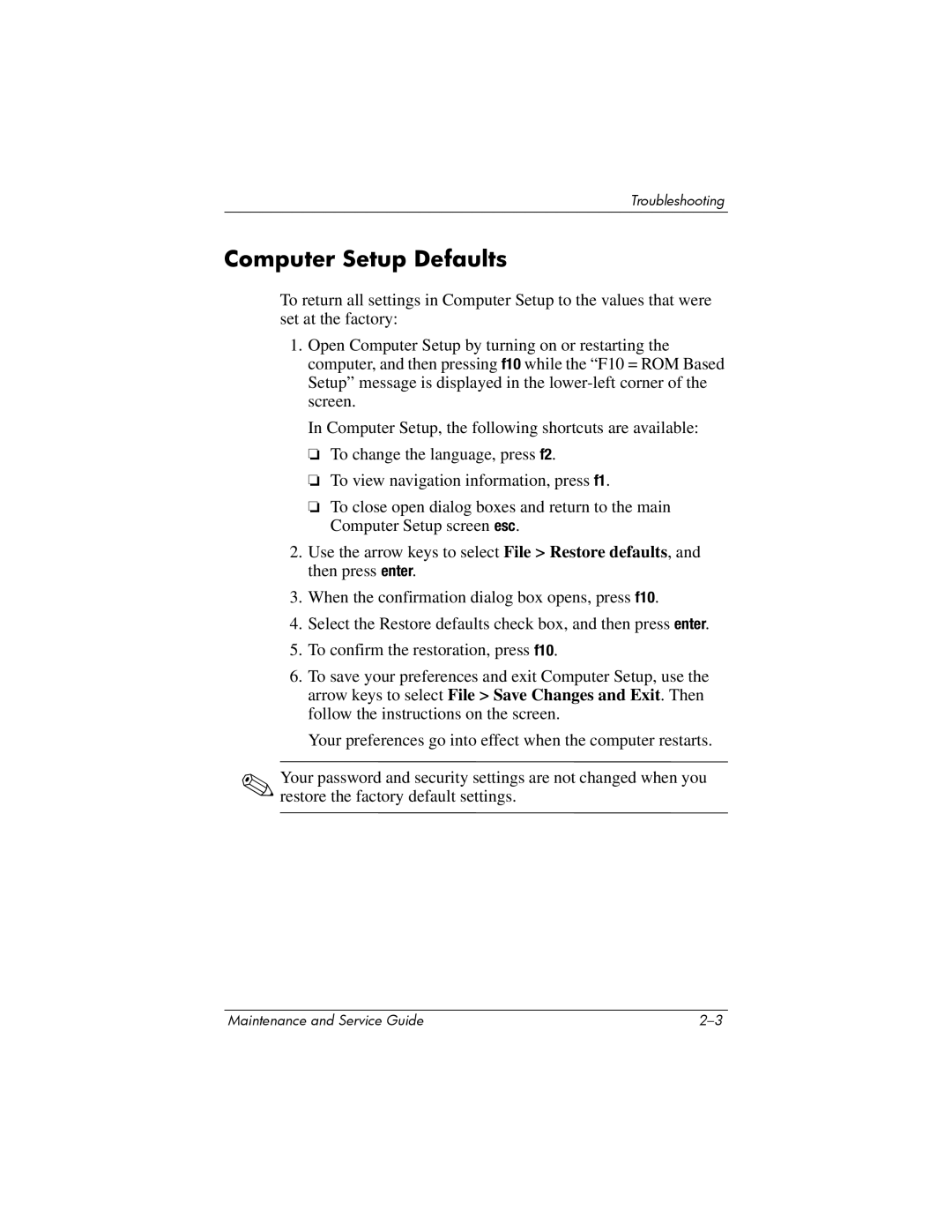 HP nx6315 manual Computer Setup Defaults 