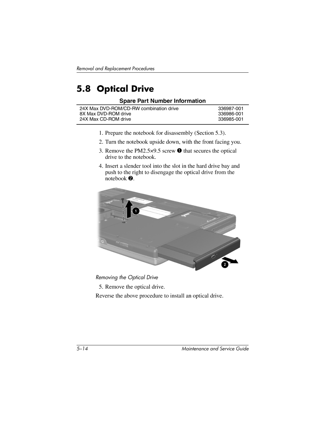 HP nx7000, X1000 manual Optical Drive, Spare Part Number Information 