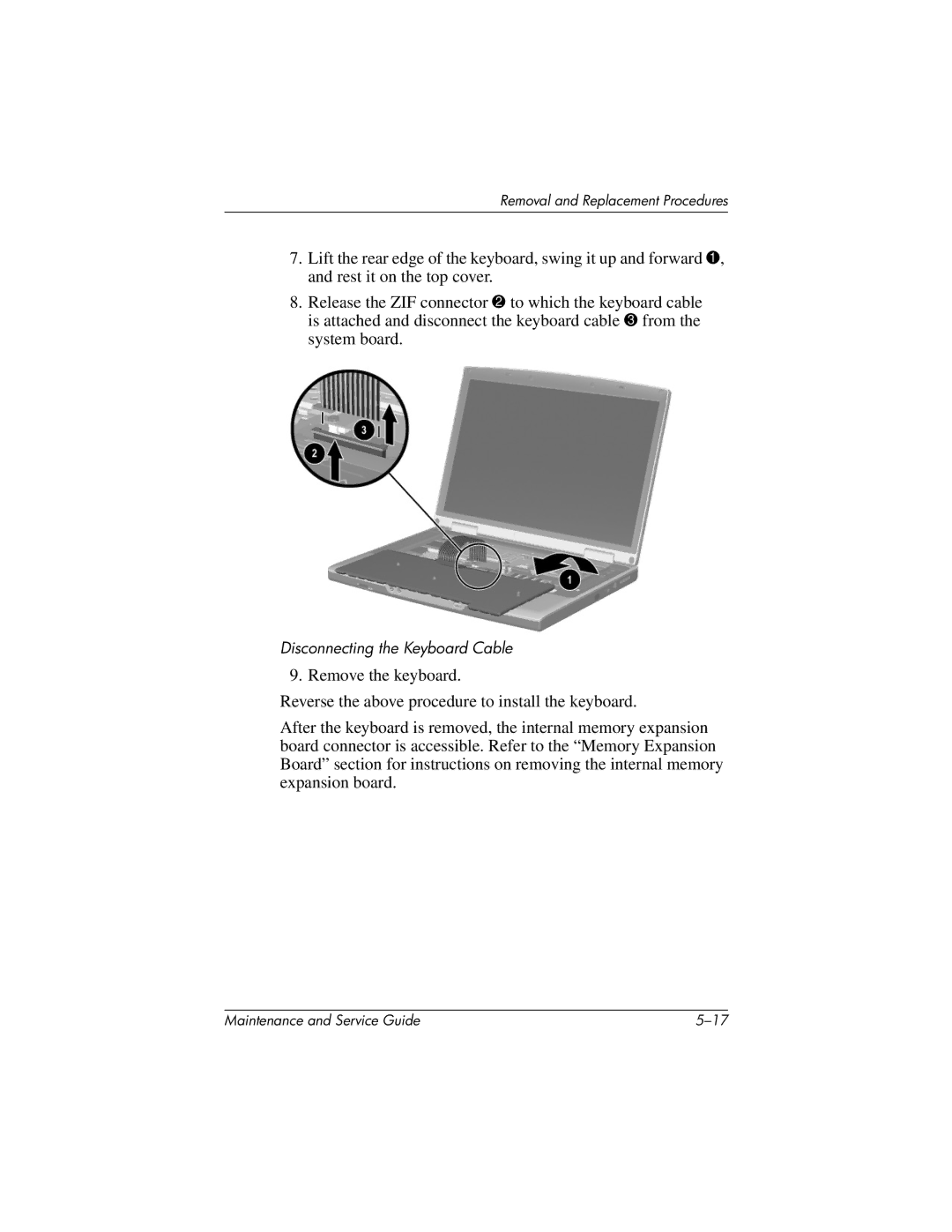 HP X1000, nx7000 manual Disconnecting the Keyboard Cable 