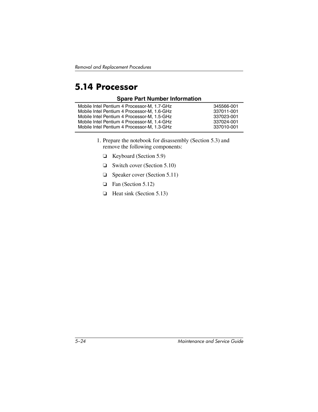 HP nx7000, X1000 manual Processor, Spare Part Number Information 