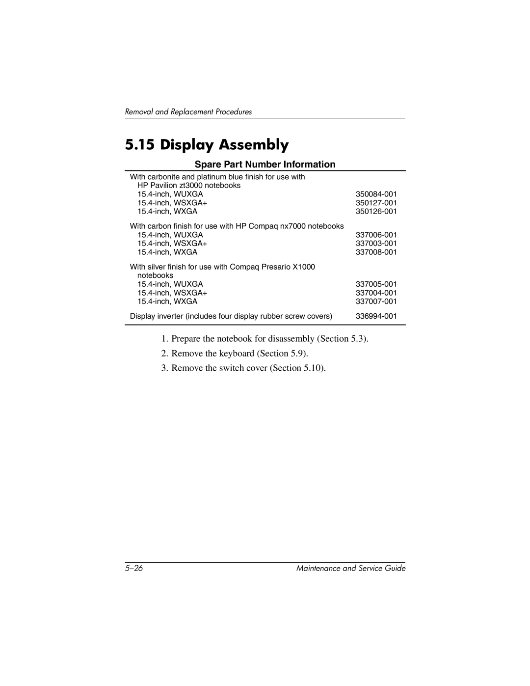 HP nx7000, X1000 manual Display Assembly 