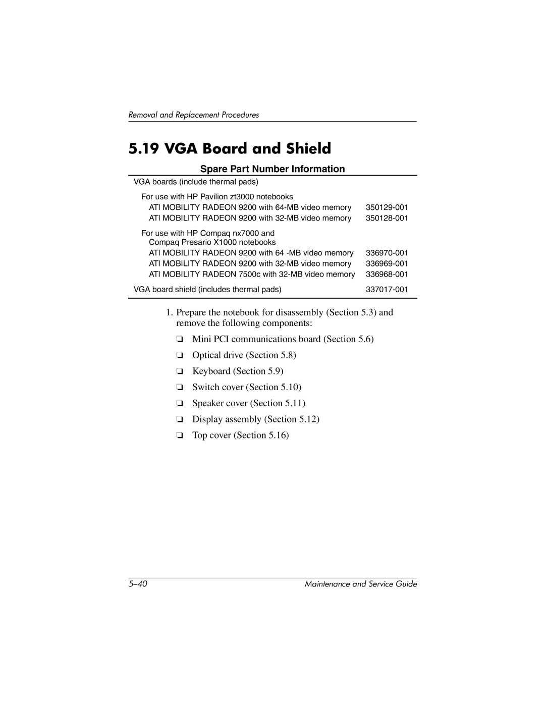 HP nx7000, X1000 manual VGA Board and Shield 