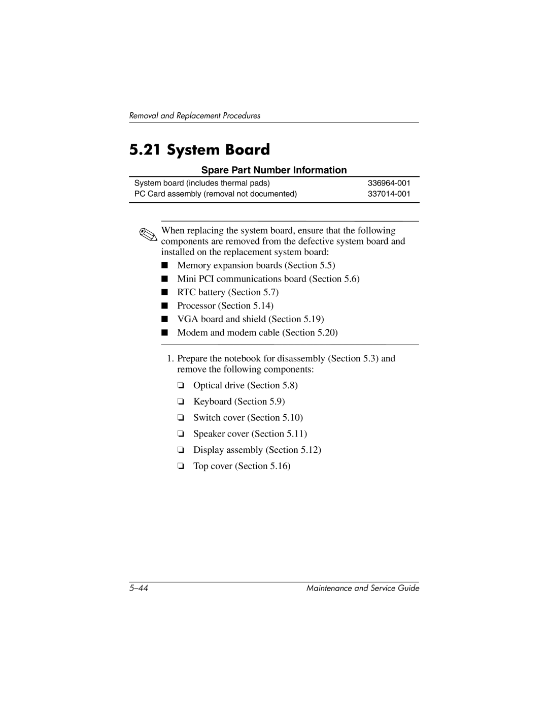 HP nx7000, X1000 manual System Board 