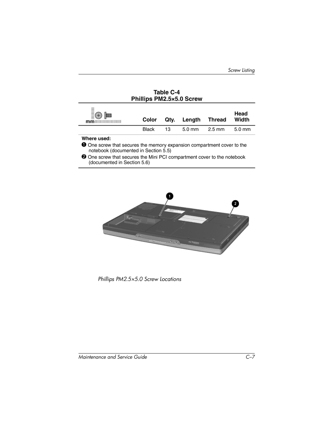 HP X1000, nx7000 manual Table C-4 Phillips PM2.5×5.0 Screw 