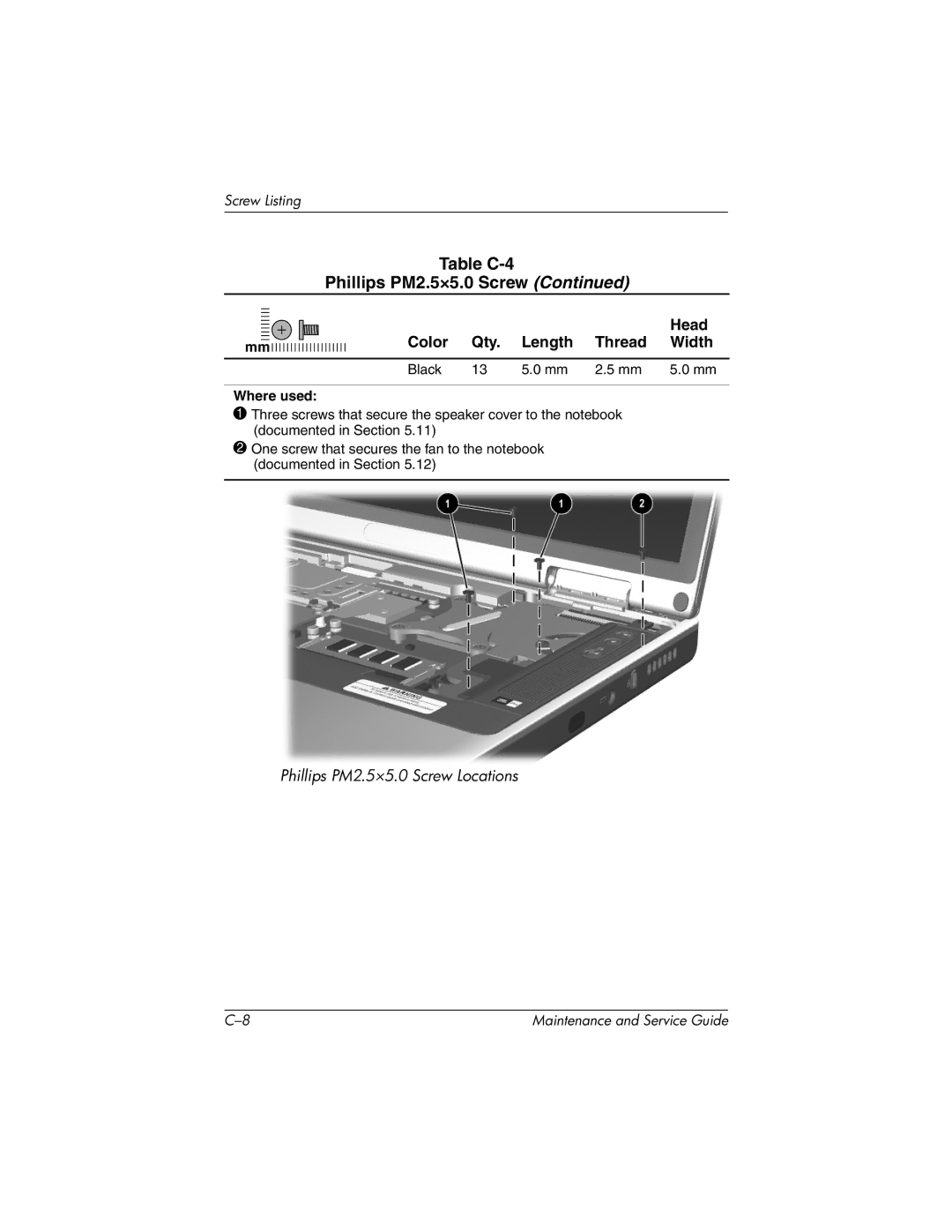 HP nx7000, X1000 manual Table C-4 Phillips PM2.5×5.0 Screw, Head Color Qty. Length Thread Width 