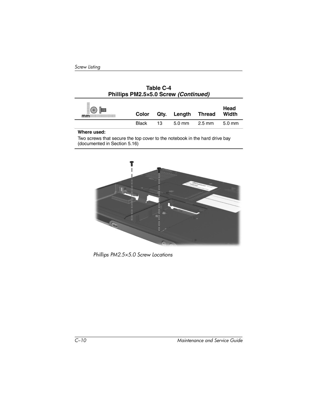 HP nx7000, X1000 manual Table C-4 Phillips PM2.5×5.0 Screw 