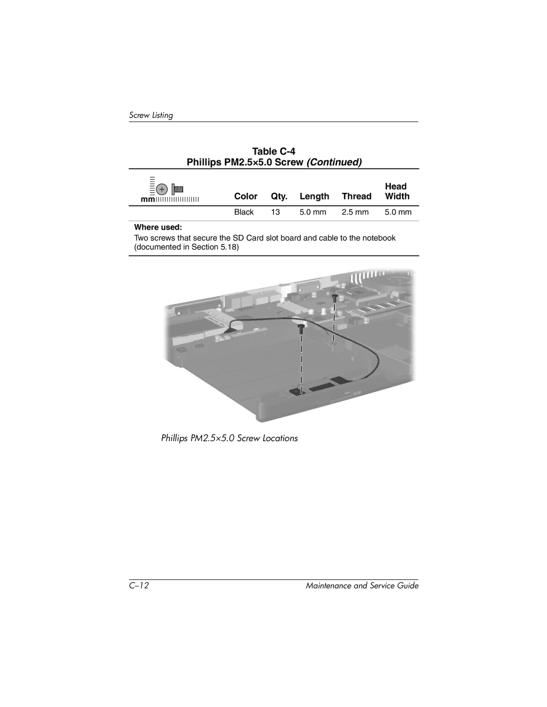 HP nx7000, X1000 manual Table C-4 Phillips PM2.5×5.0 Screw 