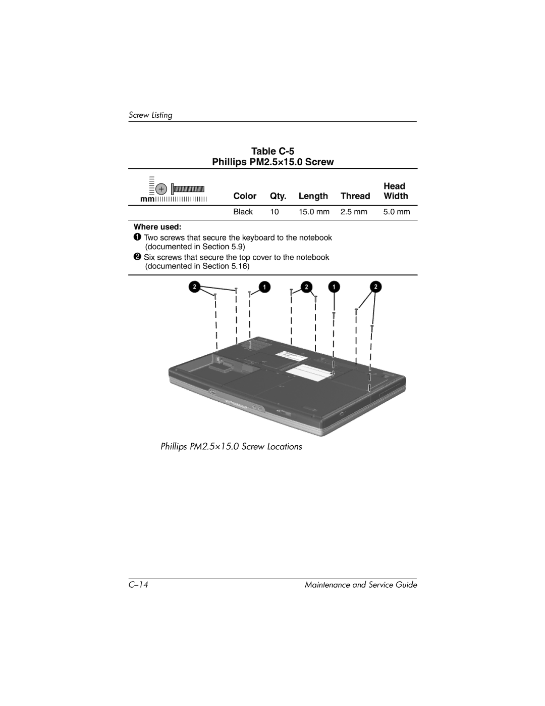 HP nx7000, X1000 manual Table C-5 Phillips PM2.5×15.0 Screw, Black 15.0 mm Where used 