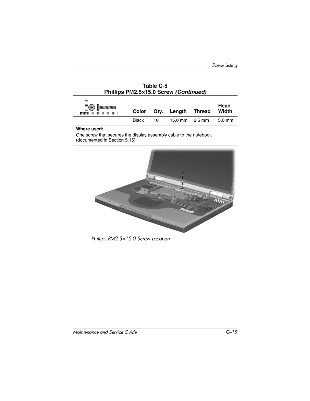 HP X1000, nx7000 manual Table C-5 Phillips PM2.5×15.0 Screw 