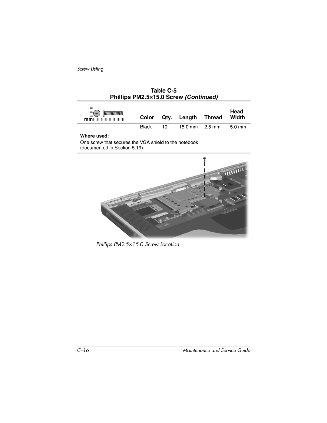 HP nx7000, X1000 manual Table C-5 Phillips PM2.5×15.0 Screw 