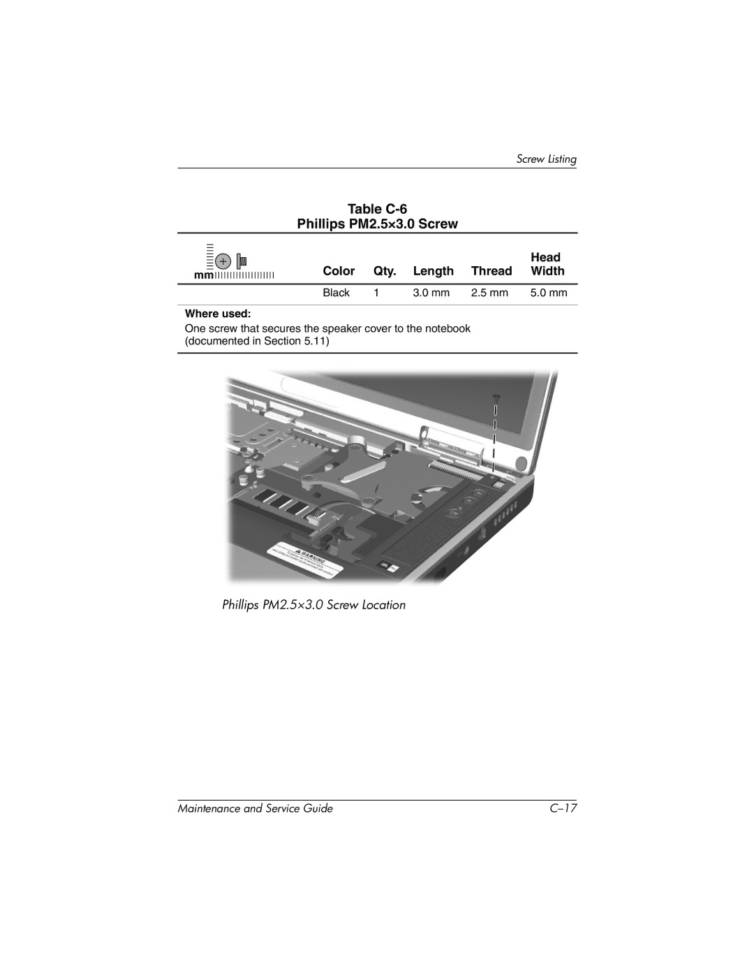 HP X1000, nx7000 manual Table C-6 Phillips PM2.5×3.0 Screw 