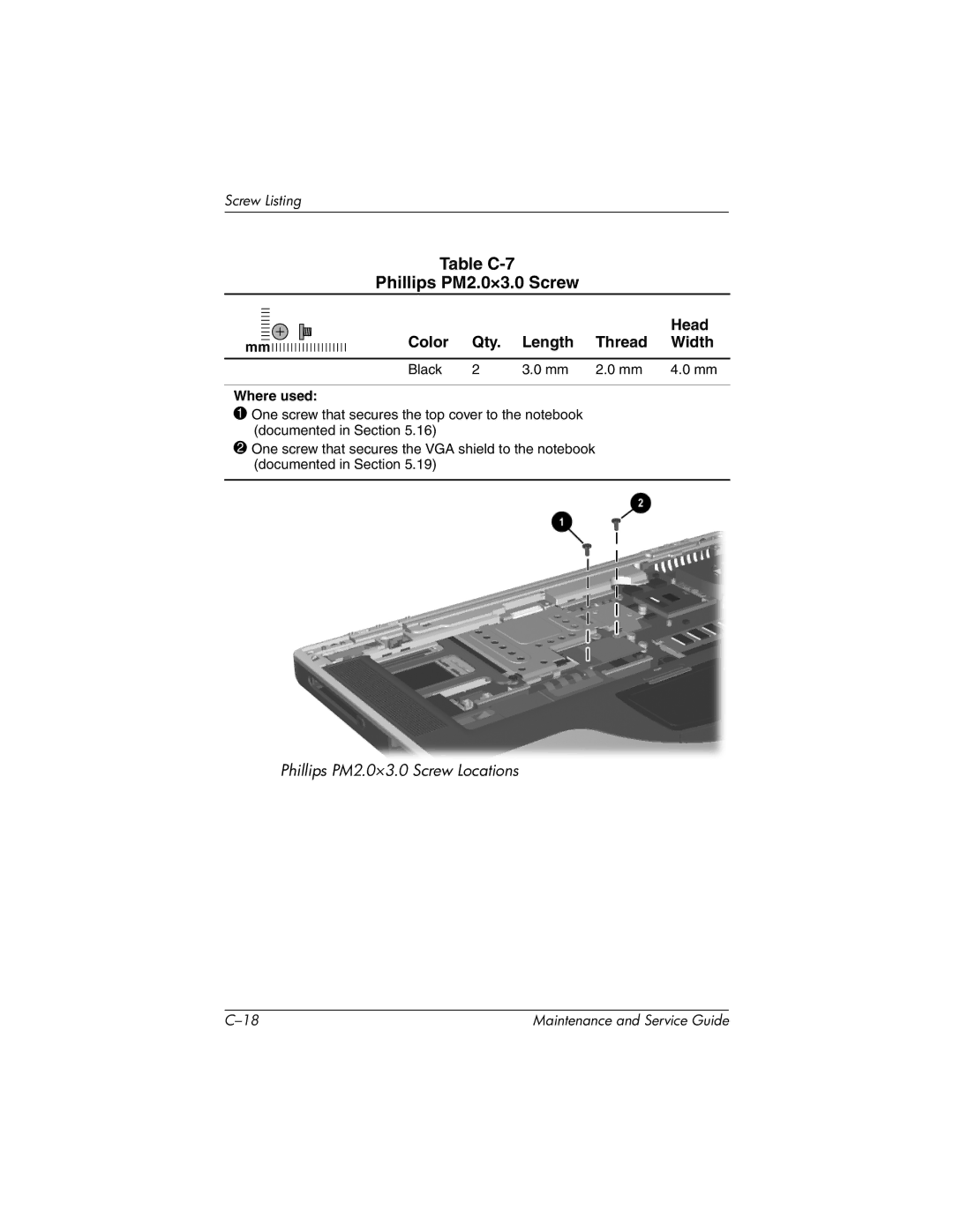 HP nx7000, X1000 manual Table C-7 Phillips PM2.0×3.0 Screw 