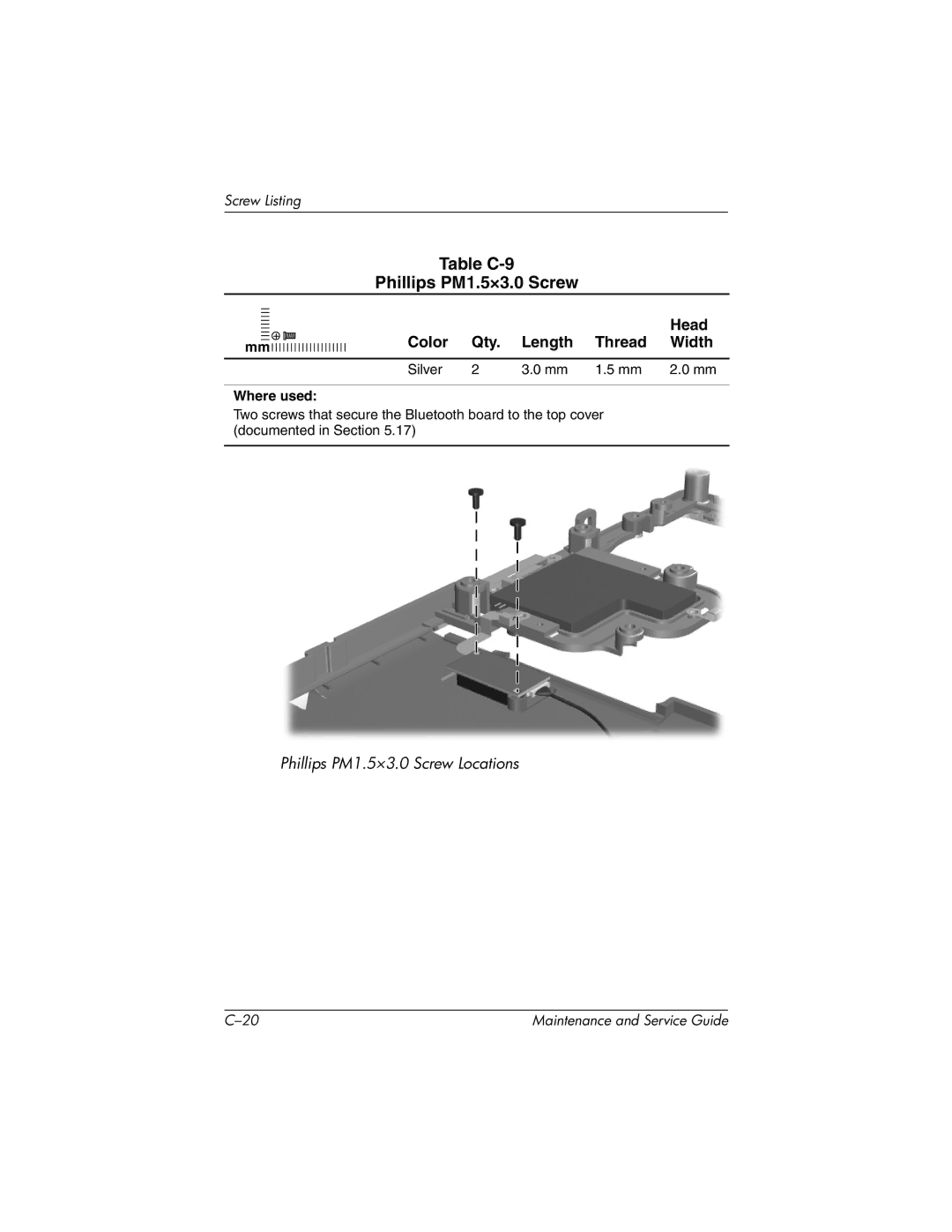 HP nx7000, X1000 manual Table C-9 Phillips PM1.5×3.0 Screw 