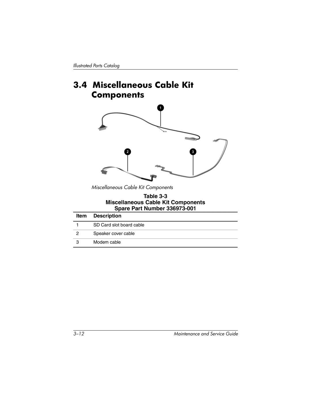 HP X1000, nx7000 manual Miscellaneous Cable Kit Components Spare Part Number 