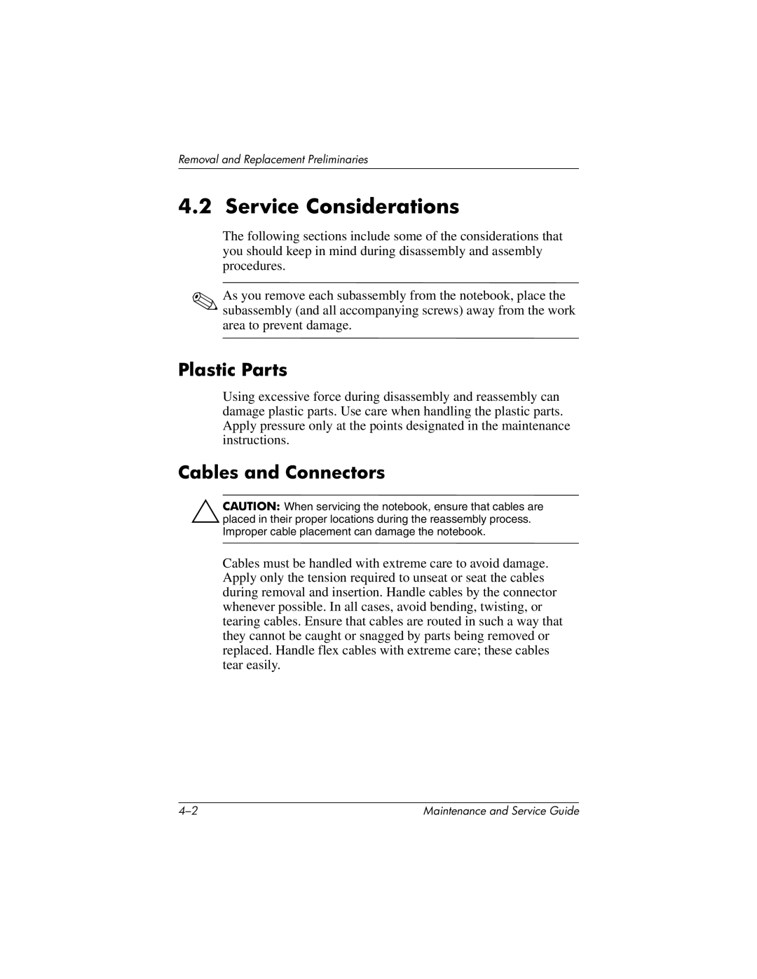 HP X1000, nx7000 manual Service Considerations, Plastic Parts 