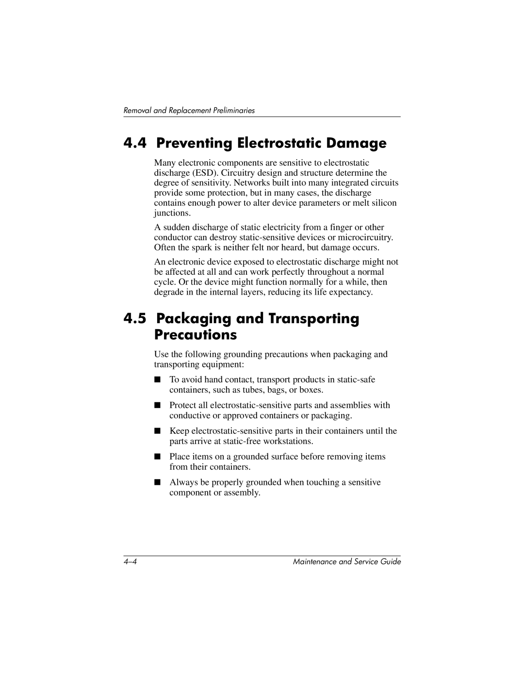 HP X1000, nx7000 manual Preventing Electrostatic Damage, Packaging and Transporting Precautions 