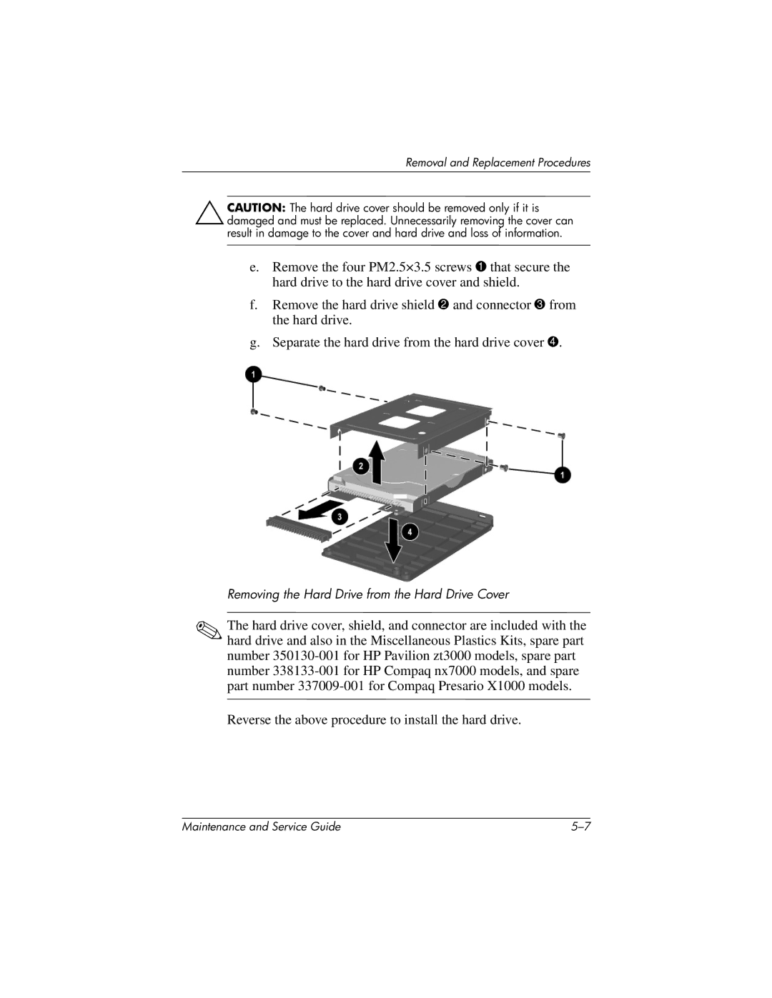 HP X1000, nx7000 manual Removing the Hard Drive from the Hard Drive Cover 