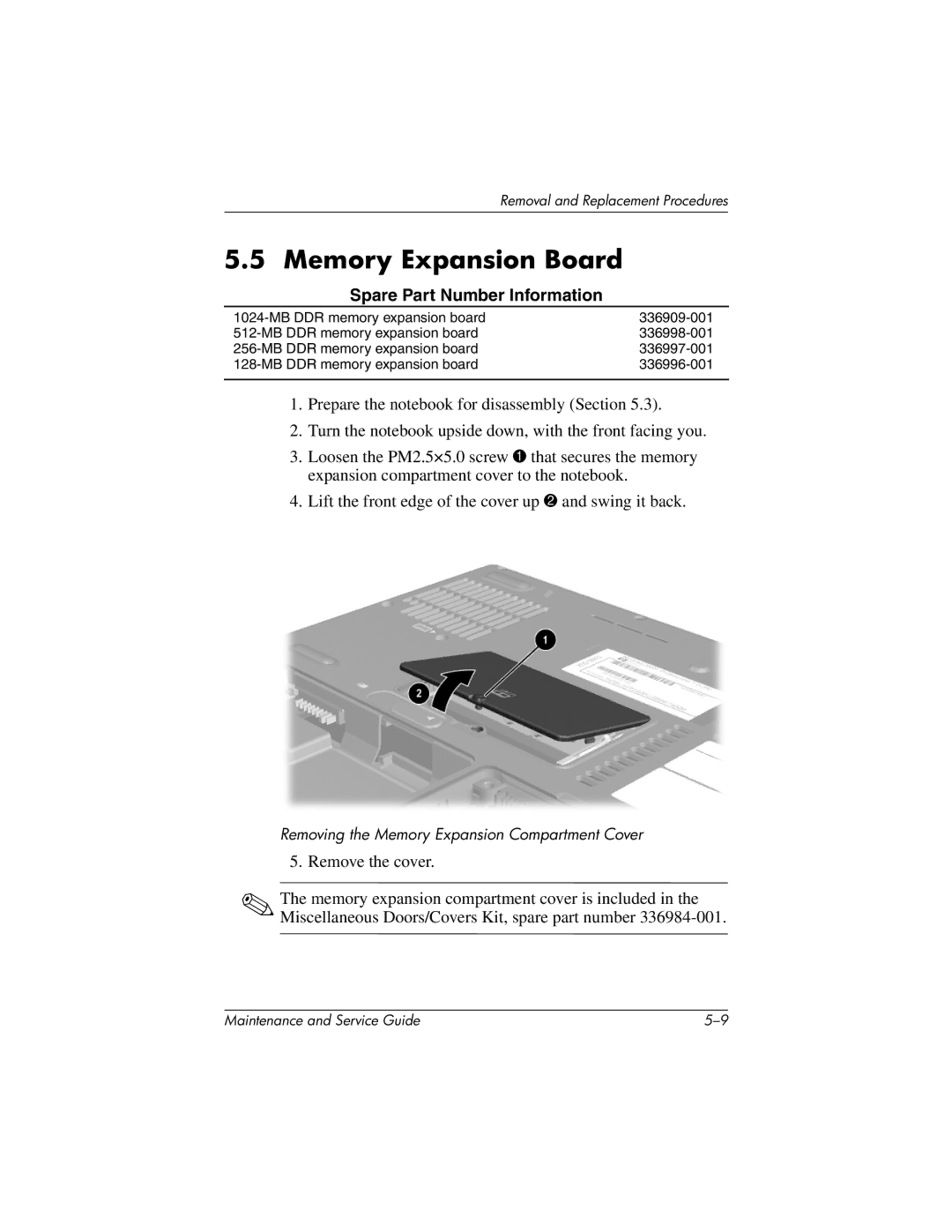 HP X1000, nx7000 manual Memory Expansion Board, Spare Part Number Information 