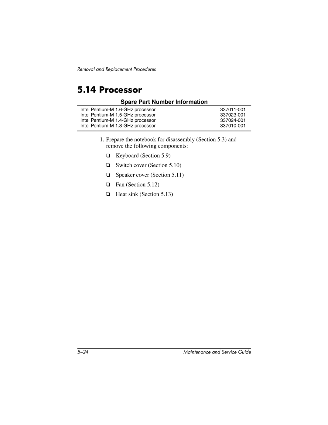 HP X1000, nx7000 manual Processor, Spare Part Number Information 