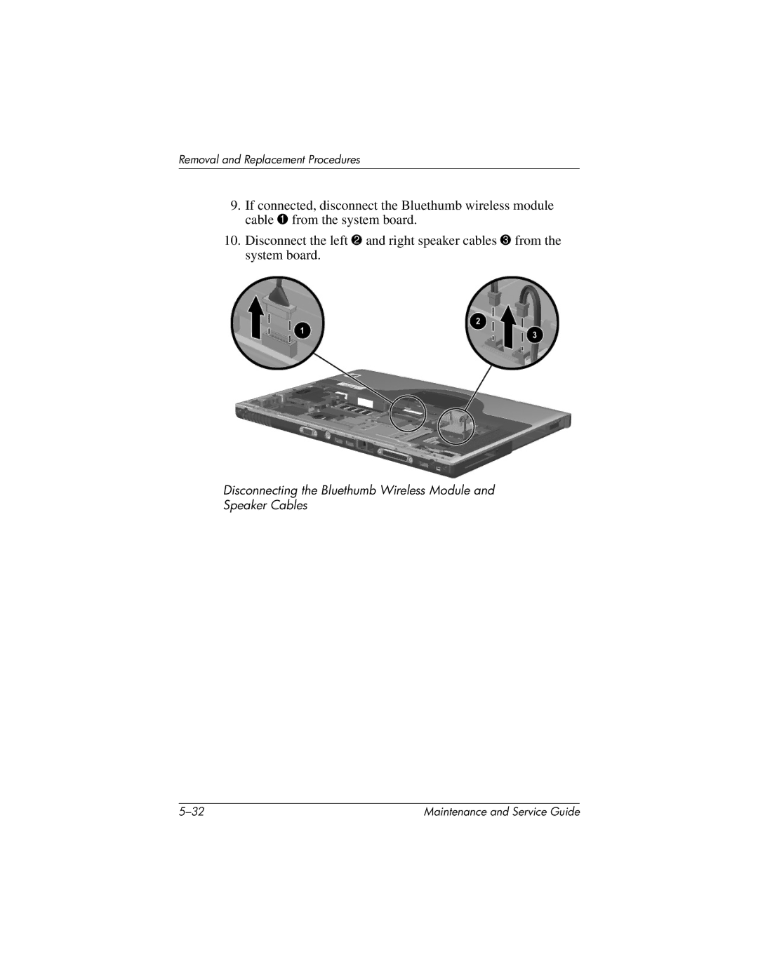 HP X1000, nx7000 manual Disconnecting the Bluethumb Wireless Module Speaker Cables 