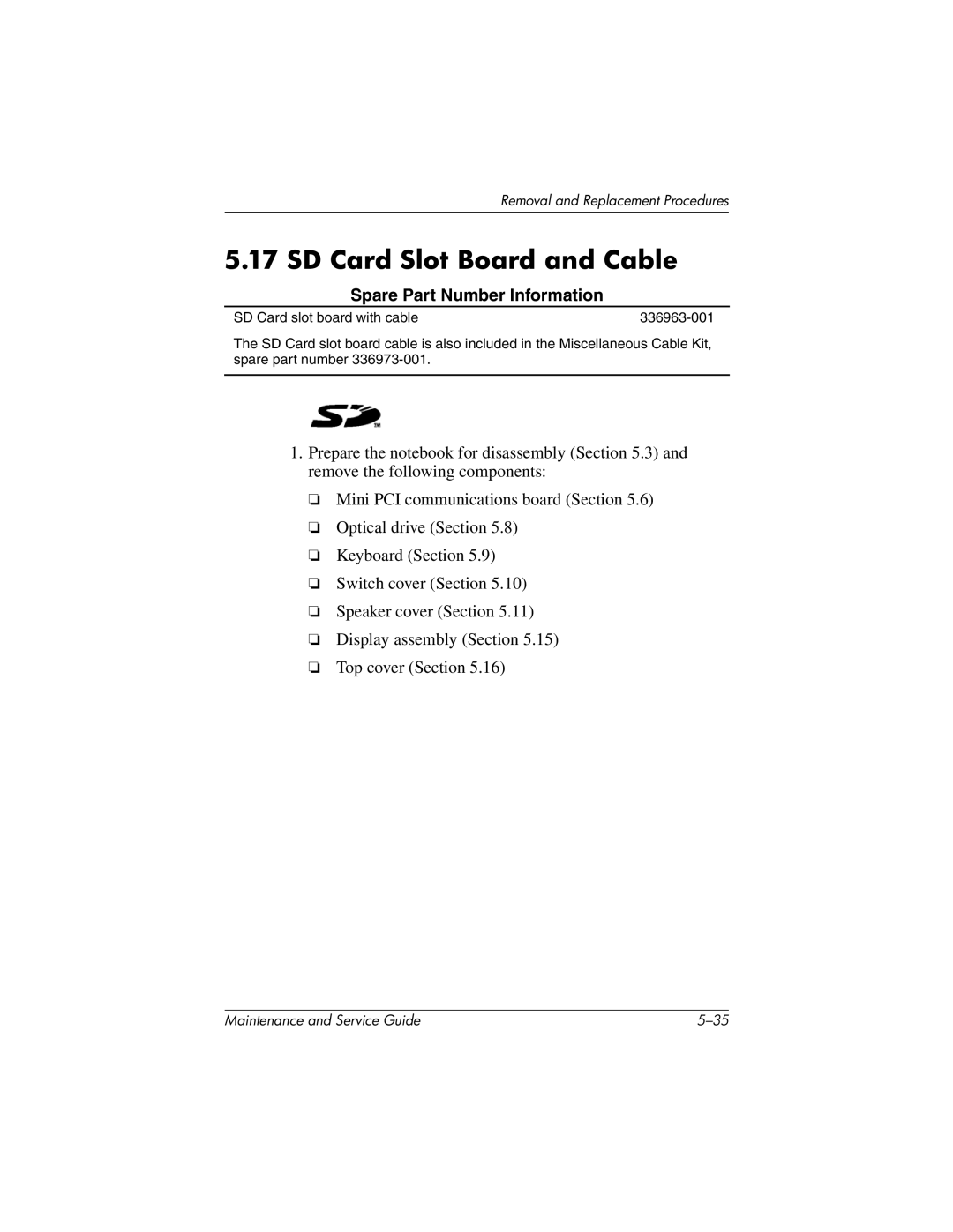 HP nx7000, X1000 manual SD Card Slot Board and Cable, Spare Part Number Information 