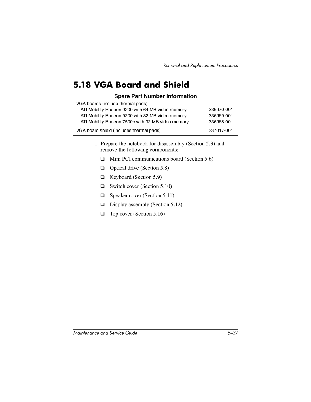 HP nx7000, X1000 manual VGA Board and Shield 