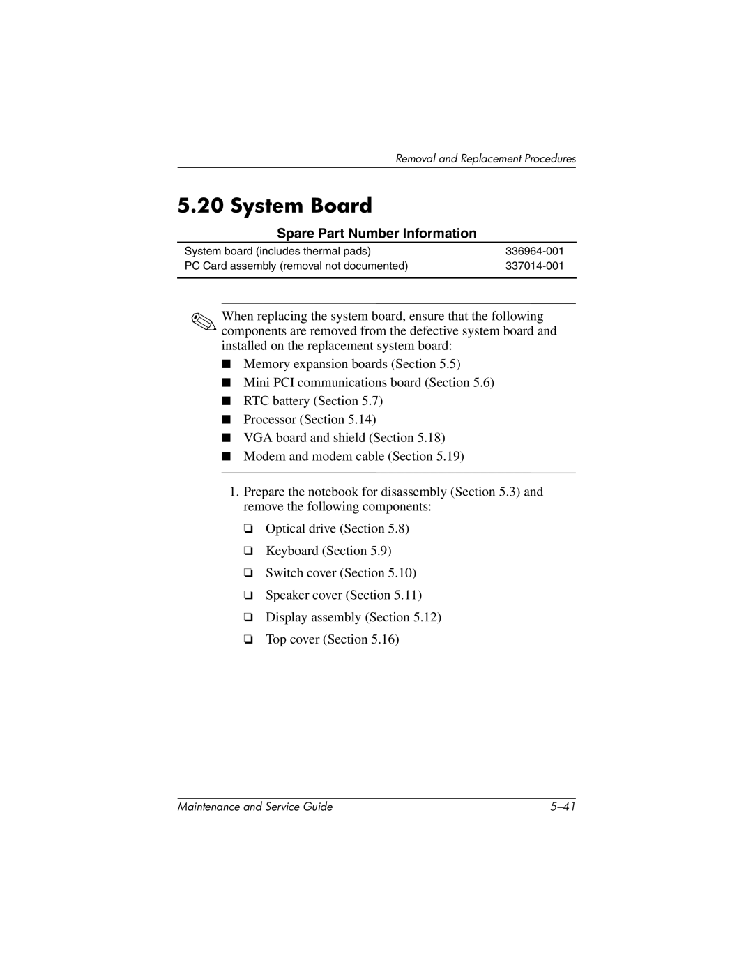 HP nx7000, X1000 manual System Board 