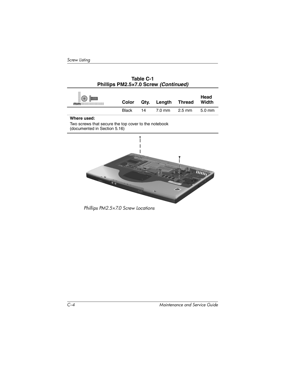 HP X1000, nx7000 manual Table C-1 Phillips PM2.5×7.0 Screw 